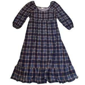Terra & Sky Plaid Dress Womens 3X Blue Smocked Bodice Cottagecore Peasant